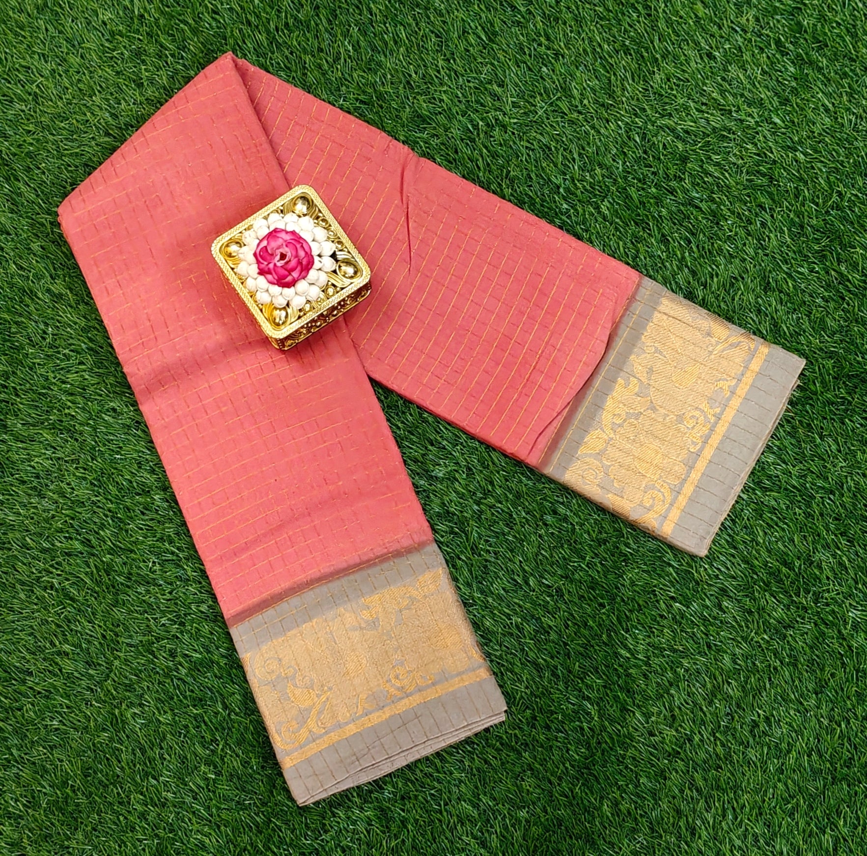 Peach & Gold Zari Border Cotton Saree