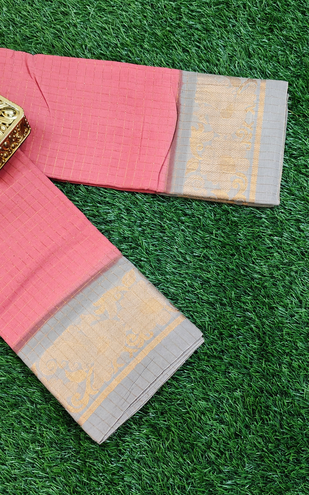 Peach & Gold Zari Border Cotton Saree