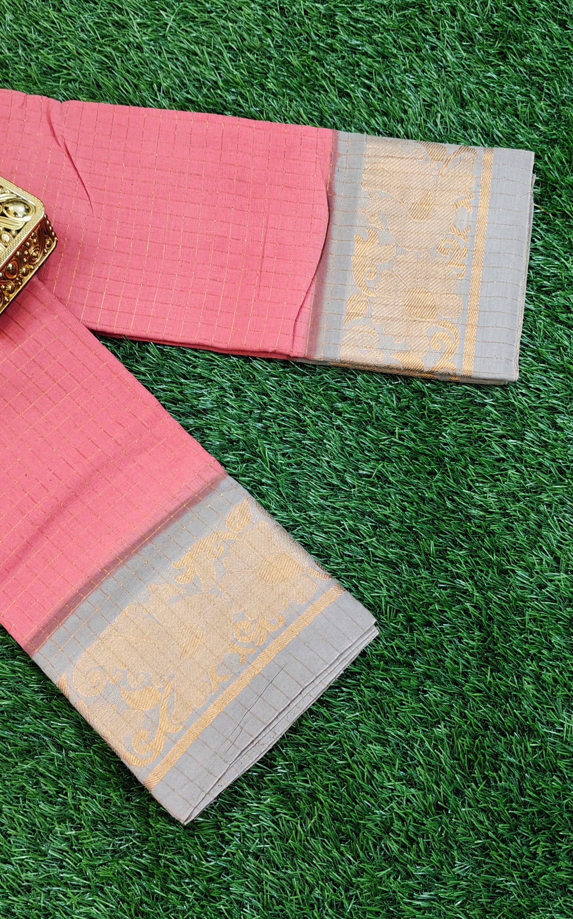 Peach & Gold Zari Border Cotton Saree