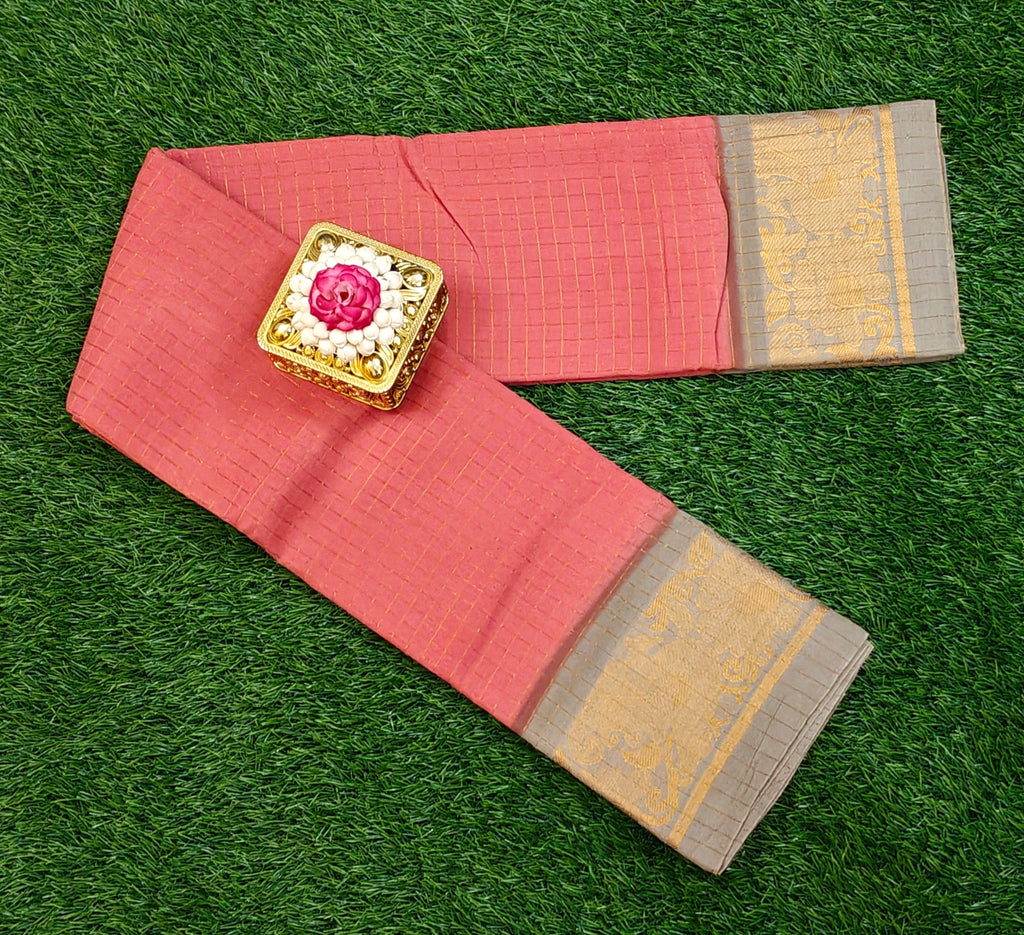 Peach & Gold Zari Border Cotton Saree