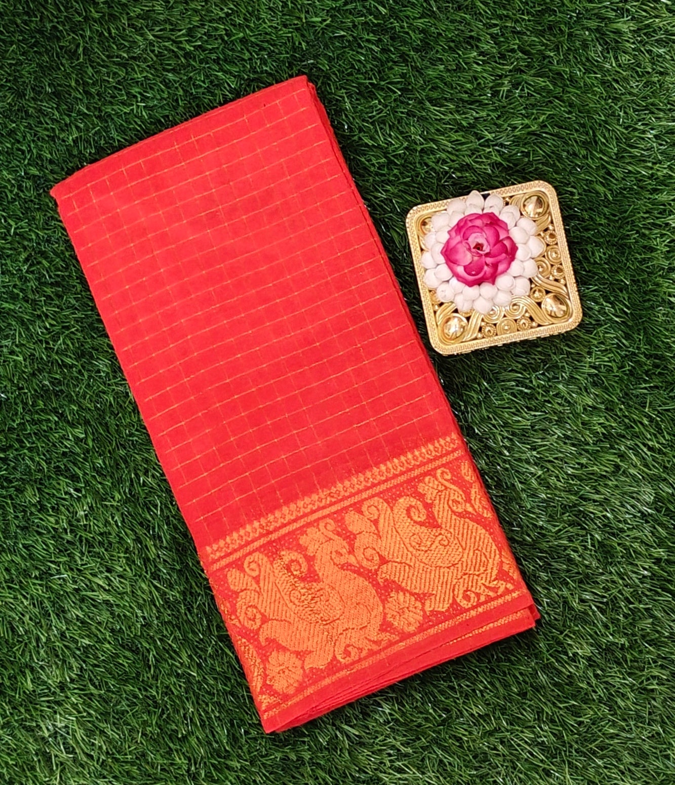 Red with Gold Checks & Rich Zari Peacock Border