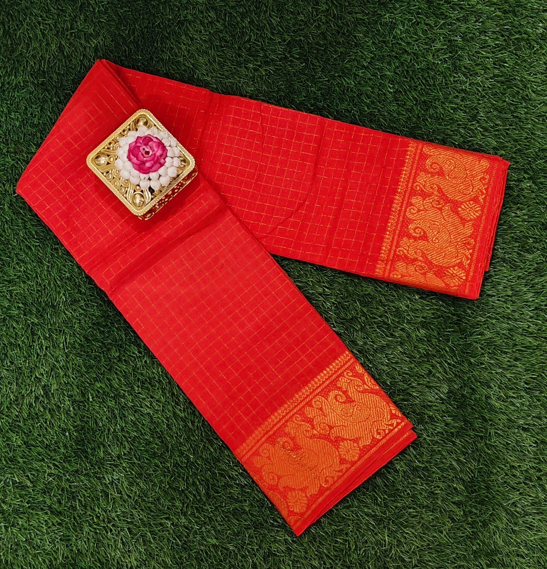 Red with Gold Checks & Rich Zari Peacock Border