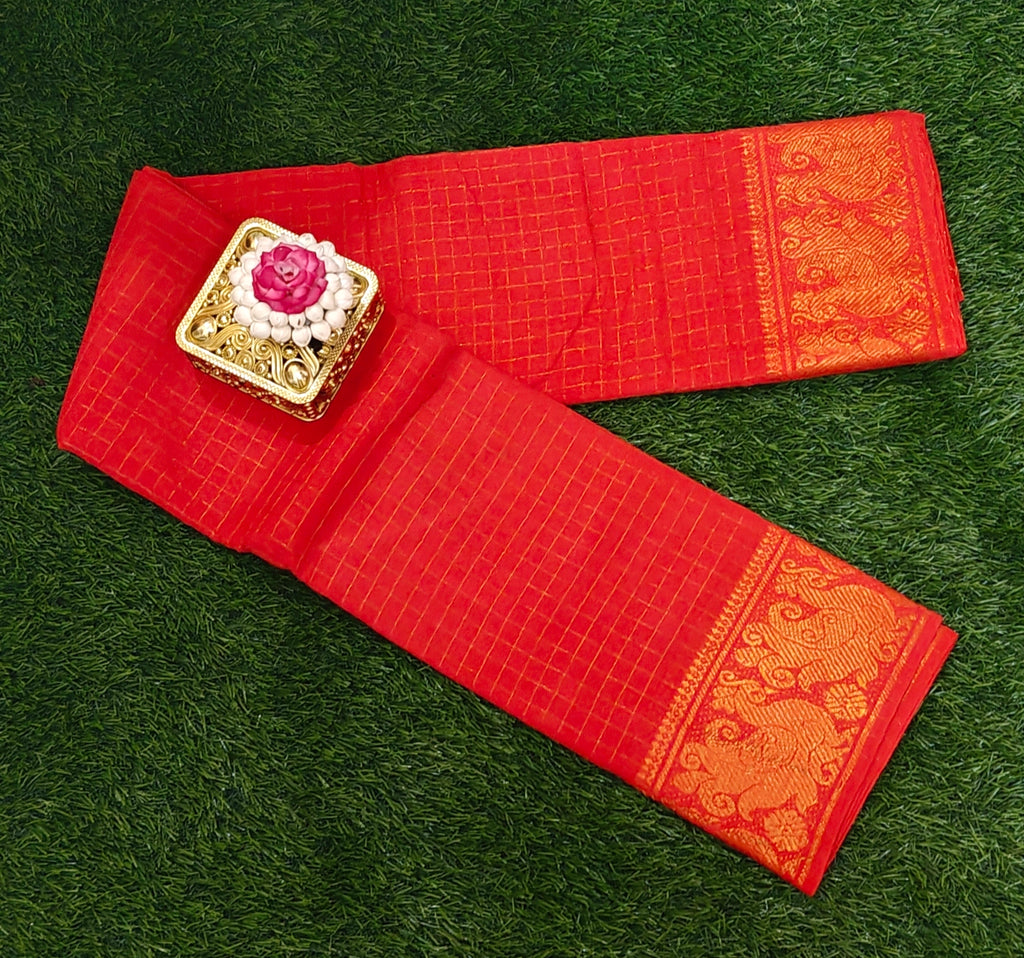 Red with Gold Checks & Rich Zari Peacock Border