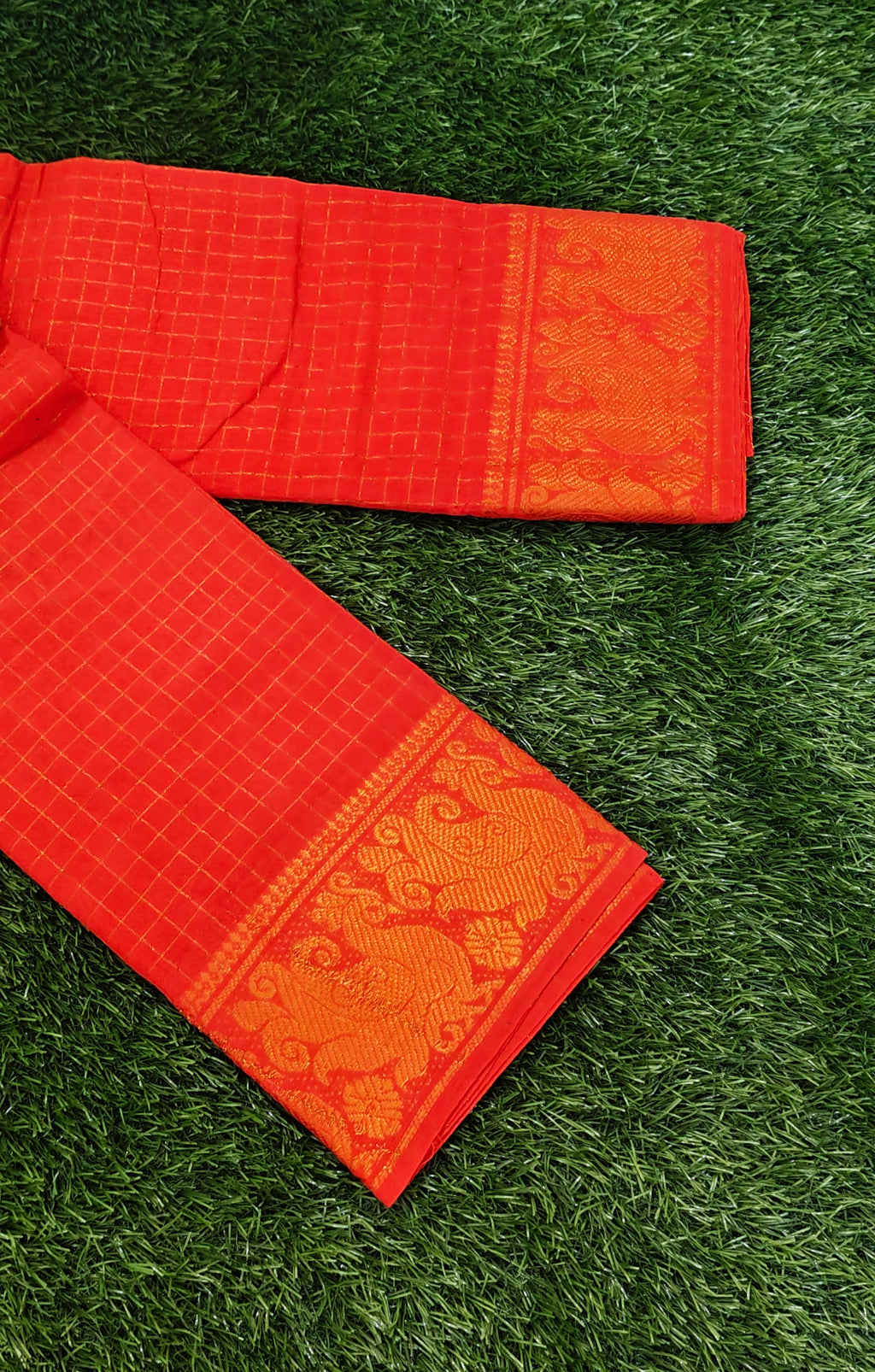 Red with Gold Checks & Rich Zari Peacock Border