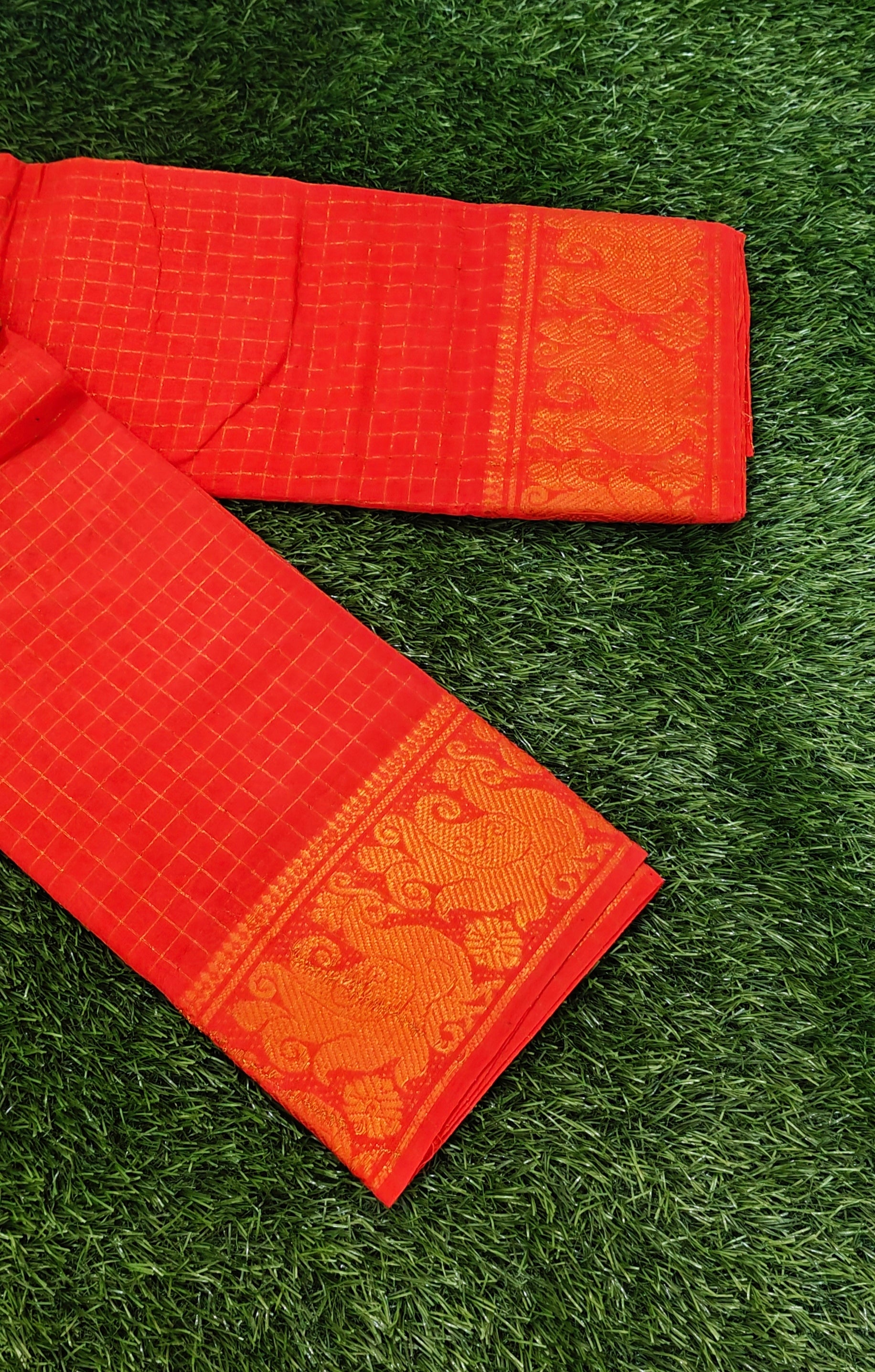 Red with Gold Checks & Rich Zari Peacock Border