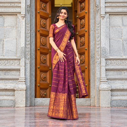 Wine Maroon Cotton Saree with Gold Peacock Border – Running Blouse