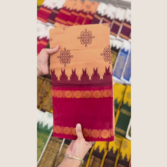 Peach Sungudi Cotton Saree with Red Traditional Border – Running Blouse
