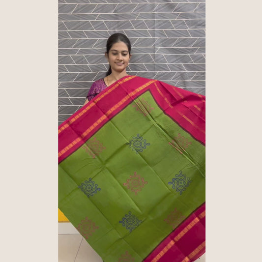Olive Green Sungudi Cotton Saree with Pink Border