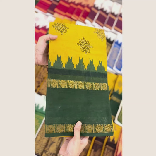 Mustard Yellow Sungudi Cotton Saree with Dark Green Zigzag Border – Running Blouse