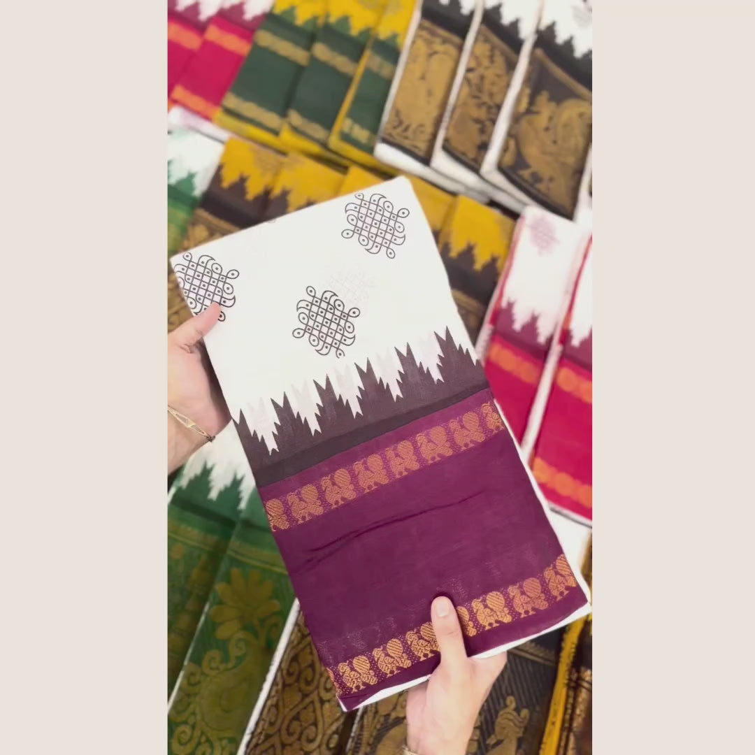 White Sungudi Cotton Saree with Maroon Traditional Border – Running Blouse