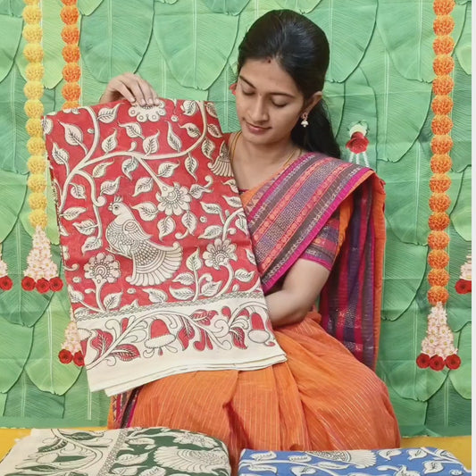 Red Kalamkari Cotton Saree with Floral & Peacock Print Border