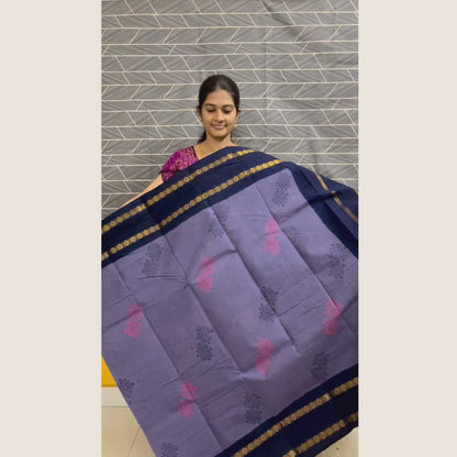 Lavender Purple Kolam Design Cotton Saree with Navy Blue Running Blouse