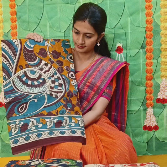 Mustard Yellow Kalamkari Cotton Saree with Peacock & Floral Prints