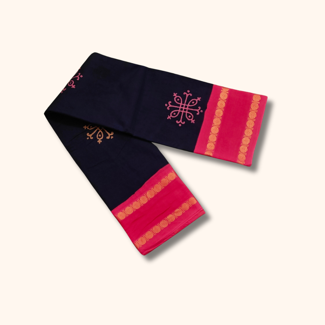 Navy Blue Cotton Saree with Pink Border – Running Blouse