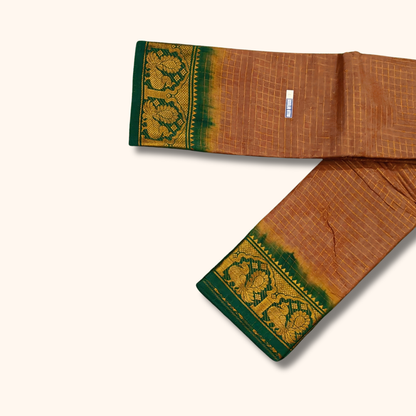 Coffee Brown Thread Work Sungudi Cotton Saree with Green Peacock Zari Border