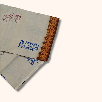 Off White Pure Sungudi Cotton Saree with Floral Prints & Brown One-Side Border – No Blouse