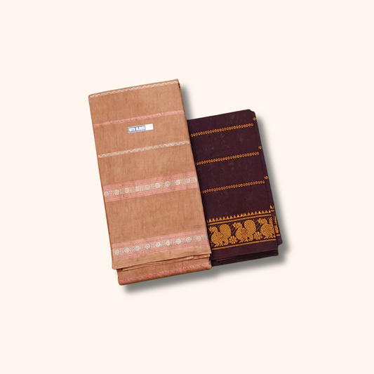 Peach Cotton Sungudi Saree with Contrast Maroon Blouse – Traditional Cotton Saree