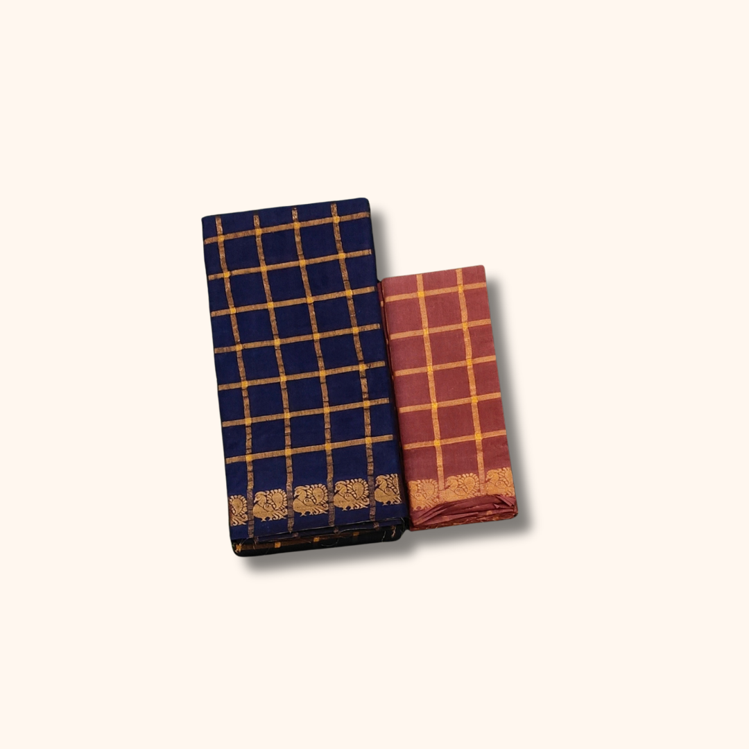 Navy Blue with Gold Checks & Peacock Border Pavithra Kattam Sungudi Cotton Saree