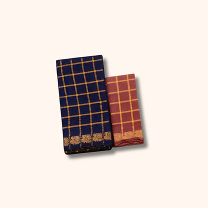 Navy Blue with Gold Checks & Peacock Border Pavithra Kattam Sungudi Cotton Saree