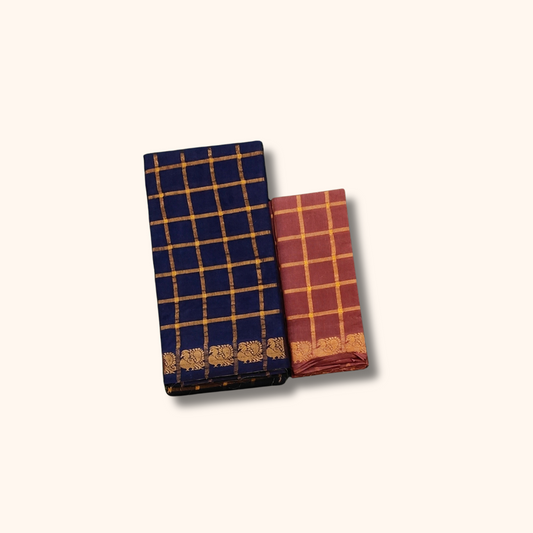 Navy Blue with Gold Checks & Peacock Border Pavithra Kattam Sungudi Cotton Saree