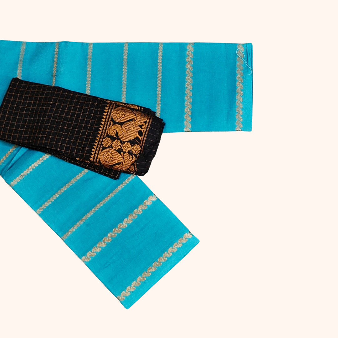 Turquoise Blue Sungudi Cotton Saree with Peacock Border Blouse