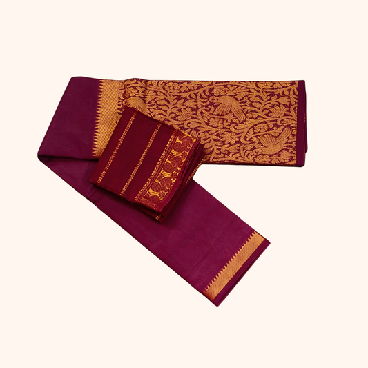 Wine Maroon Vasigara Pattern Sungudi Cotton Saree with Separate Blouse Piece