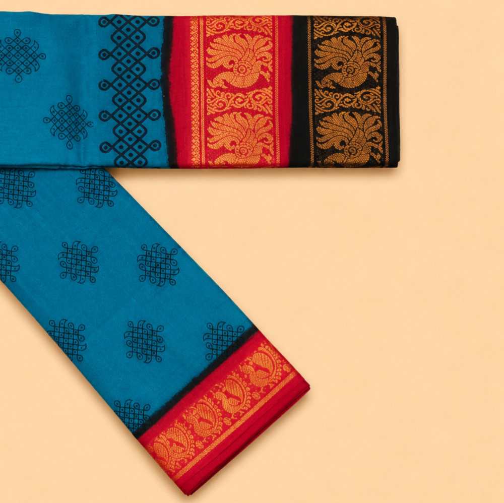 Turquoise Blue Printed Cotton Saree with Dual-Tone Designer Border