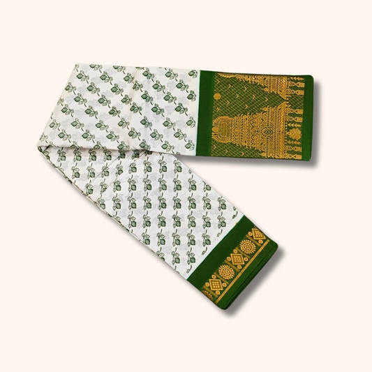 White Cotton Saree with Bottle Green Rich Temple Pallu