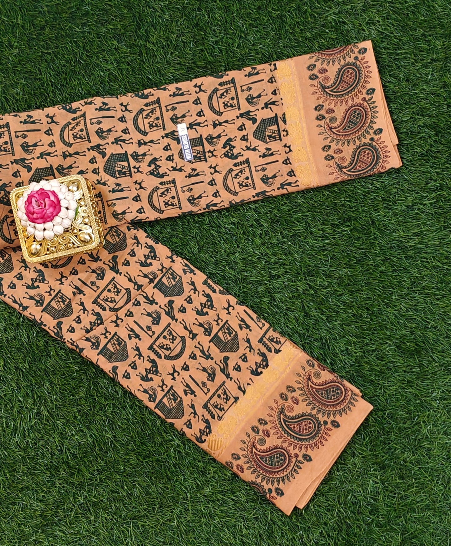 Earthy Brown Kalamkari Cotton Saree with Tribal Motifs
