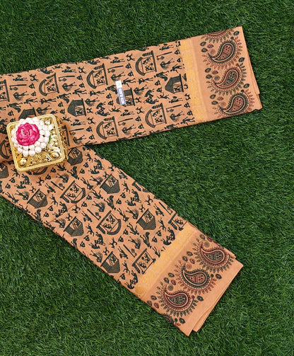 Earthy Brown Kalamkari Cotton Saree with Tribal Motifs