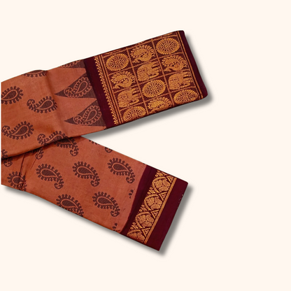 Rust Brown Cotton Saree with Black Paisley Print & Maroon Gold Zari Border – No Blouse