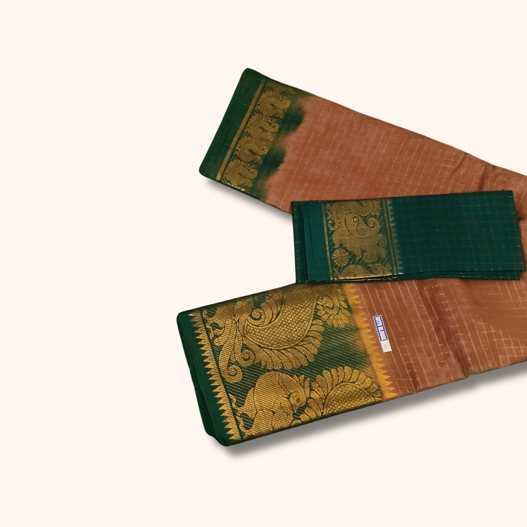 Copper Brown Sungudi Cotton Saree with Bottle Green Zari Border