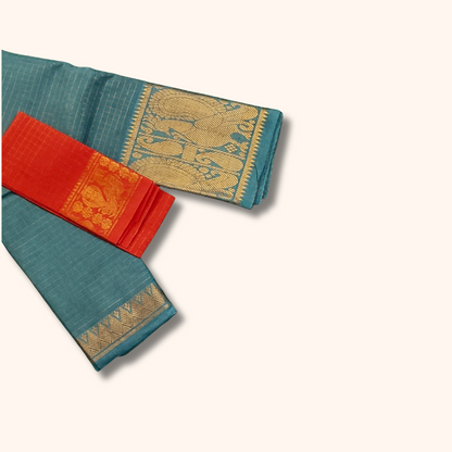 Turquoise Blue Sungudi Cotton Saree with Gold Zari Peacock Border