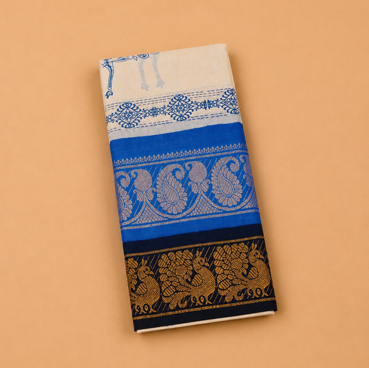 Cream Sungudi Cotton Saree with Royal Blue Double Border & Peacock Print Design