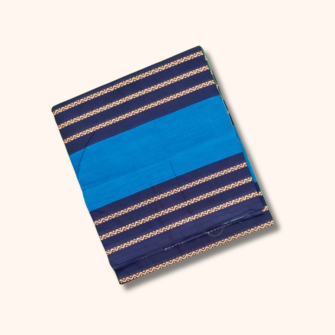 Sky Blue & Navy Blue Chettinad Cotton Saree with Checked Pallu