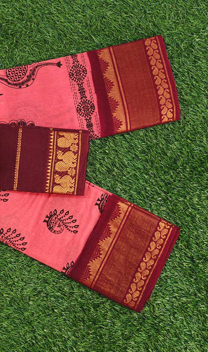 Maroon & Rose Pink Sungudi Cotton Saree with Traditional Printed Body and Contrast Border