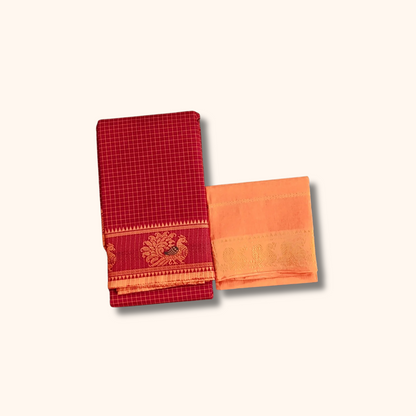 Maroon Checked Chettinad Cotton Saree with Peach Peacock Border
