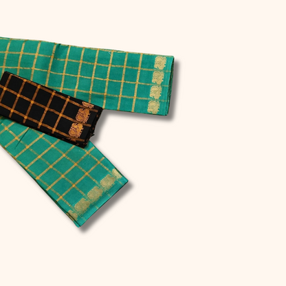 Pavithra Kattam Sungudi Cotton Saree – Teal Blue with Gold Checks & Traditional Motif Border