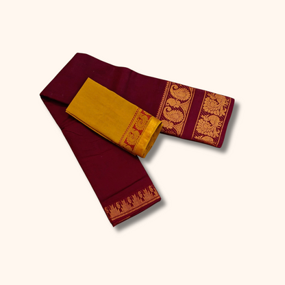 Dark Maroon Cotton Saree with Gold Zari Traditional Border & Mustard Yellow Blouse Piece