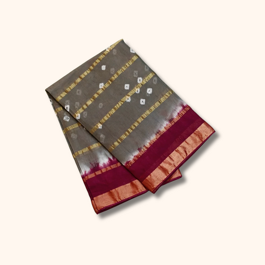 Charcoal Grey & Wine Tie-Dye Cotton Saree with Gold Zari Border