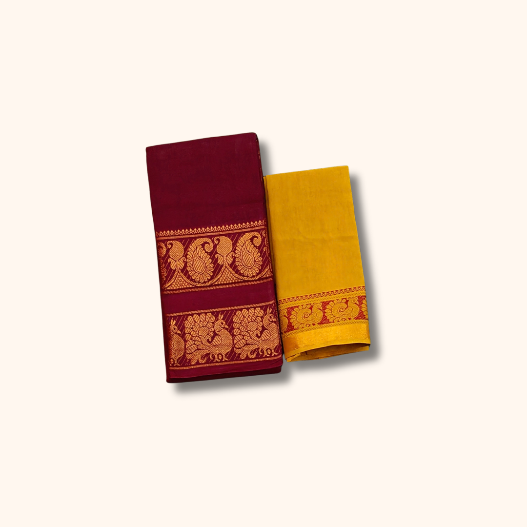 Dark Maroon Cotton Saree with Gold Zari Traditional Border & Mustard Yellow Blouse Piece