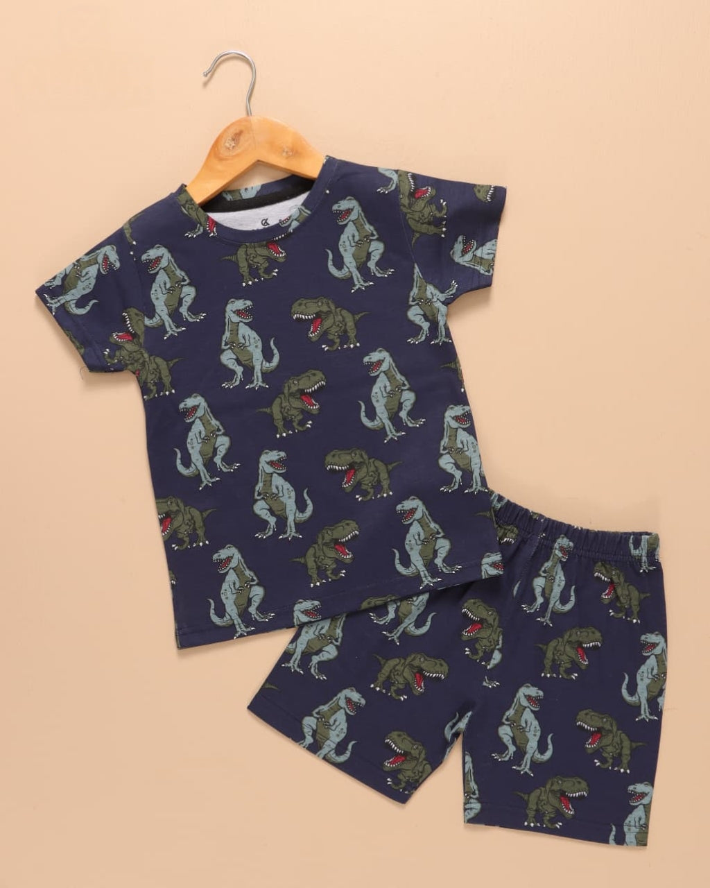 Kids Unisex Pure Cotton T-Shirt & Shorts Set – Dinosaur Print Summer Wear (Navy Blue)