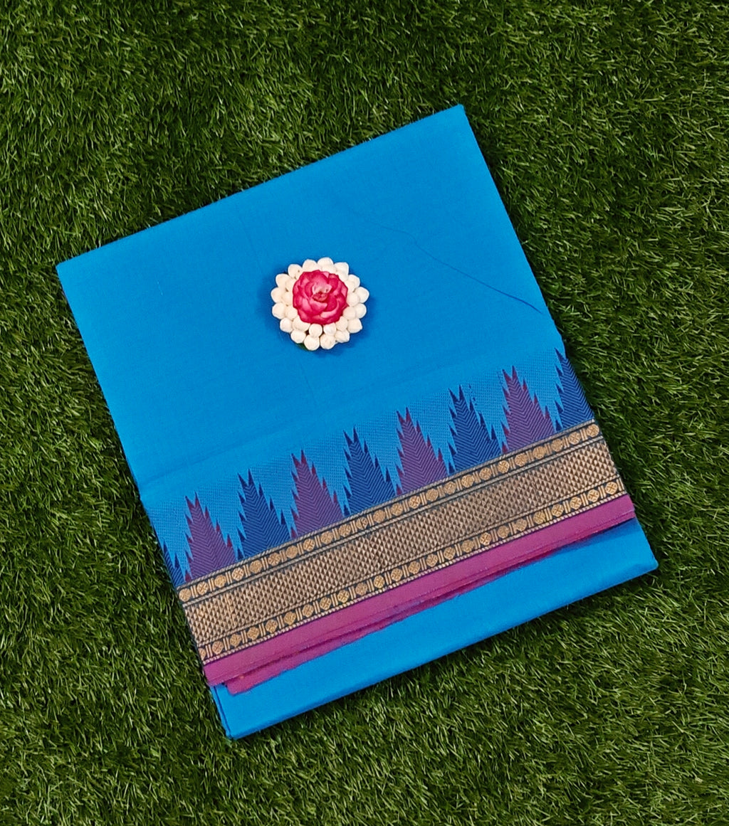 Bright Blue Chettinad Cotton Saree with Contrast Temple Border