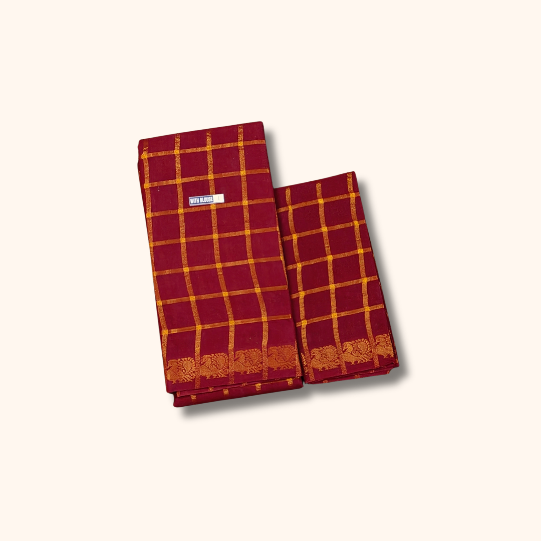 Maroon Gold Zari Pavithra Kattam Sungudi Cotton Saree