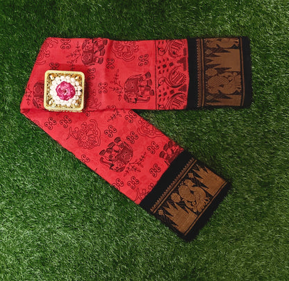 Brick Red Sungudi Cotton Saree with Elephant Motifs & Black Peacock Zari Border