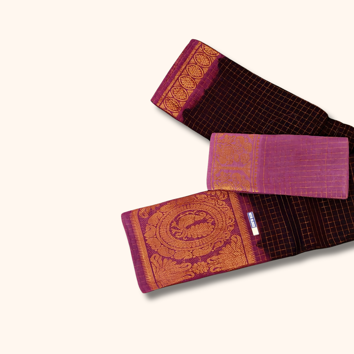 Chocolate Brown & Magenta Checked Cotton Saree with Rich Zari Border – Separate Blouse Piece