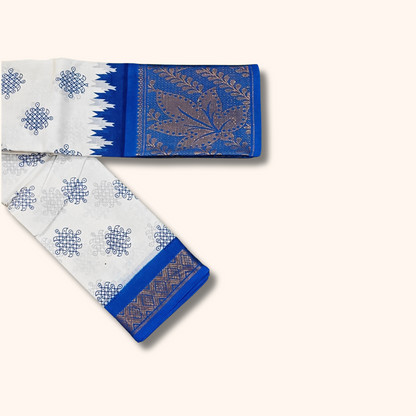 Off-White Sungudi Cotton Saree with Royal Blue Contrast Zari Border