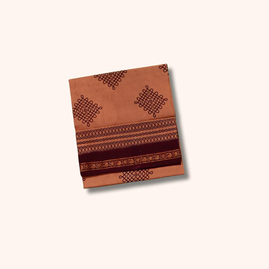 Peach Sungudi Cotton Saree with Maroon Border & Gold Zari