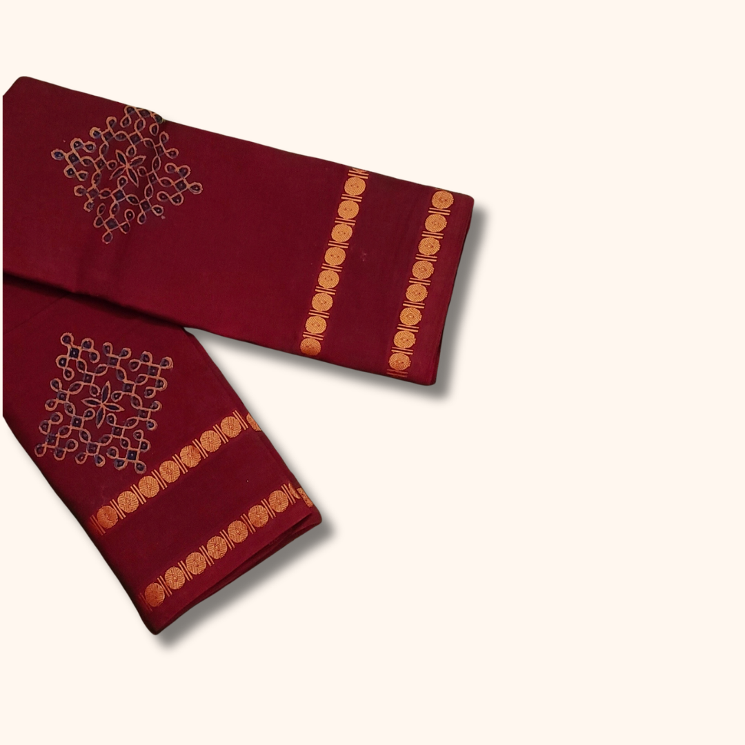 Maroon Kolam Design Cotton Saree with Gold Border and Running Blouse