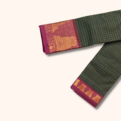 Bottle Green Temple Border Cotton Saree with Magenta Pallu Separate Blouse Piece